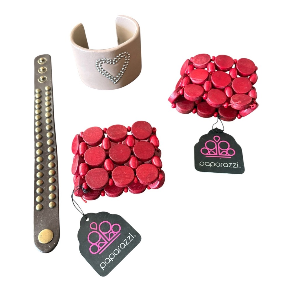 Paparazzi Red Wood Stretch Bracelets & Faux Leather Studded Heart Cuff Lot of 4